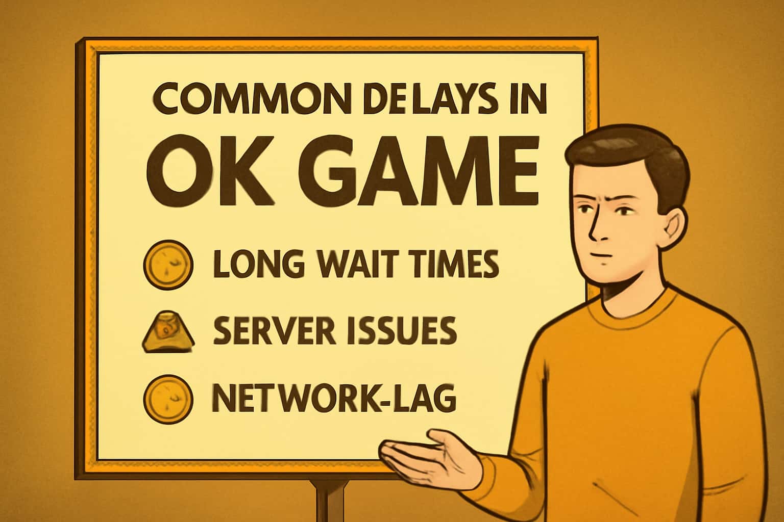 An informational graphic illustrating common delays in Ok Game with a futuristic theme.