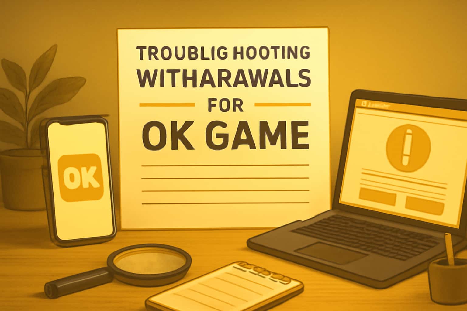 An illustration of troubleshooting withdrawals in a gaming context, featuring the text 'Ok Game' prominently.